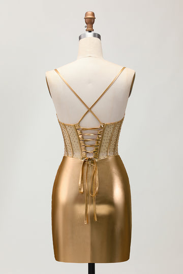 Bodycon Corset Beaded Golden Homecoming Dress with Lace-up Back